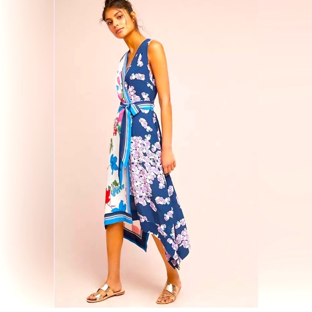 Maeve Anthropologie blue motif botanica wrap dress size 8